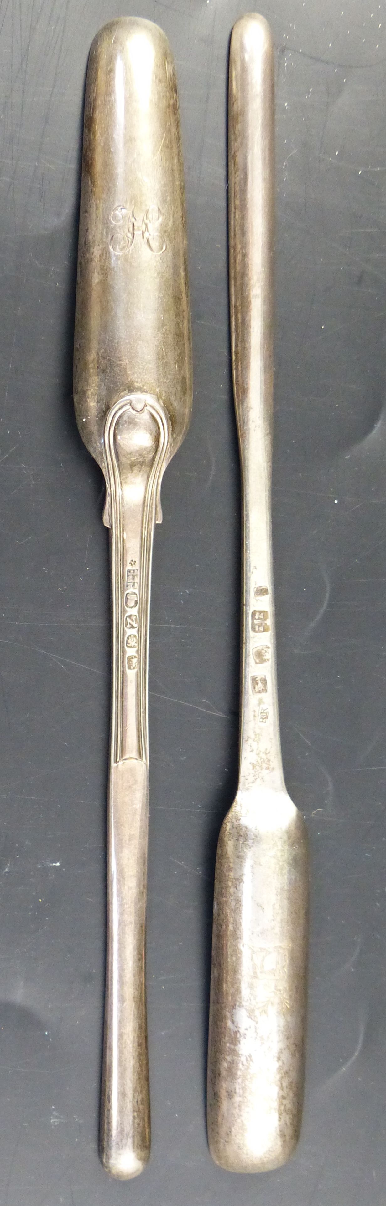 Two 19th century silver marrow scoops, thread pattern by Eley, Fearn & Chawner, London, 1808 and Chester, 1782
